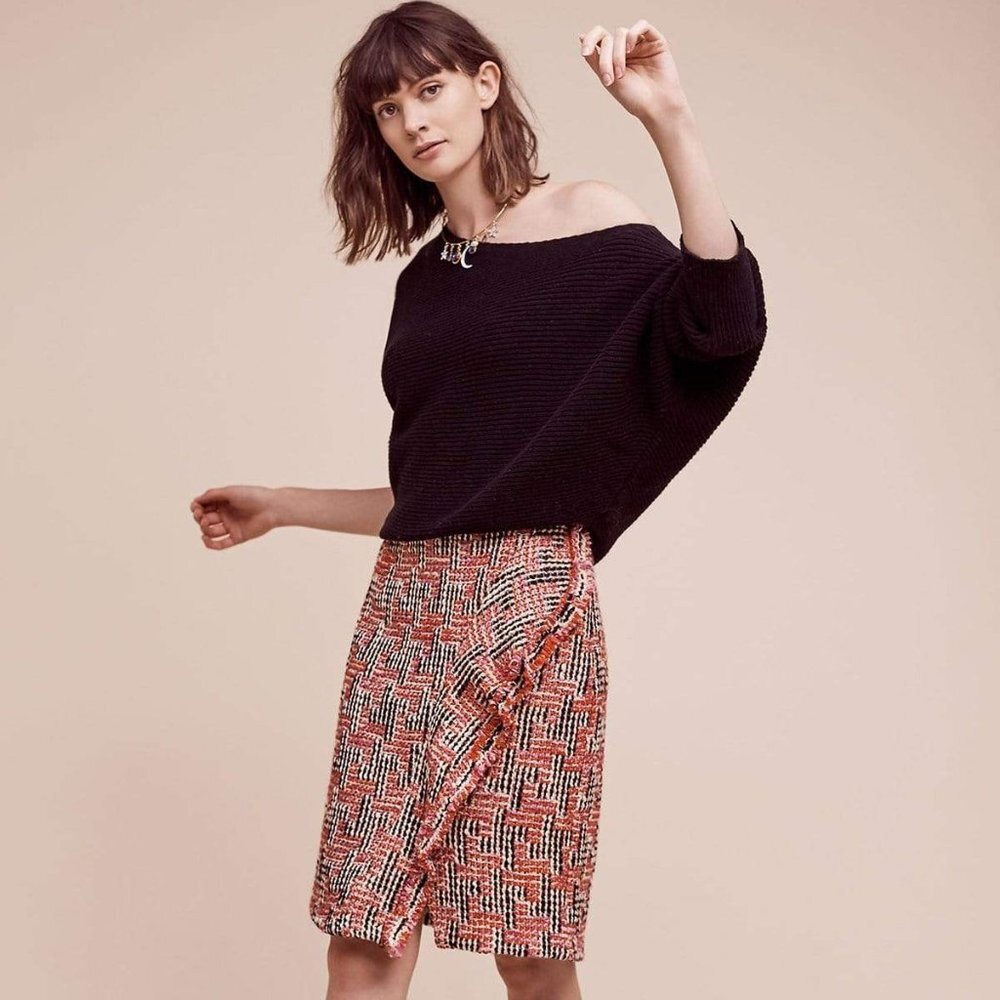 Eva Franco Anthropologie Tweed Fringe knee length Pencil Skirt